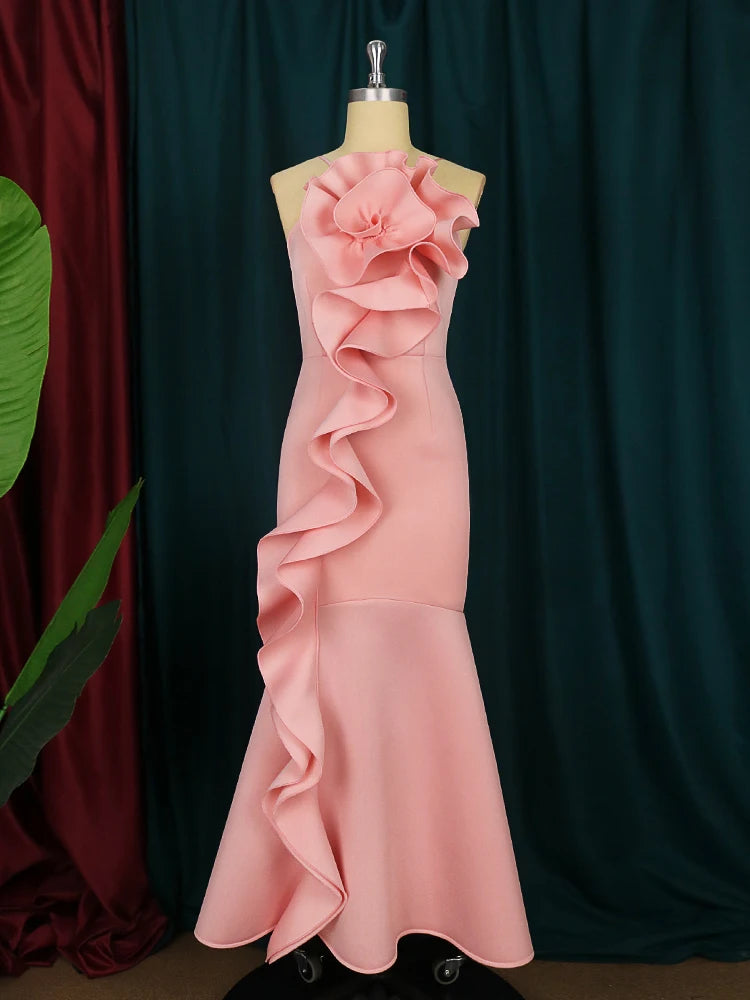 Evening wear Dresses: Pink Long Prom Dresses Backless Flower Ruffles