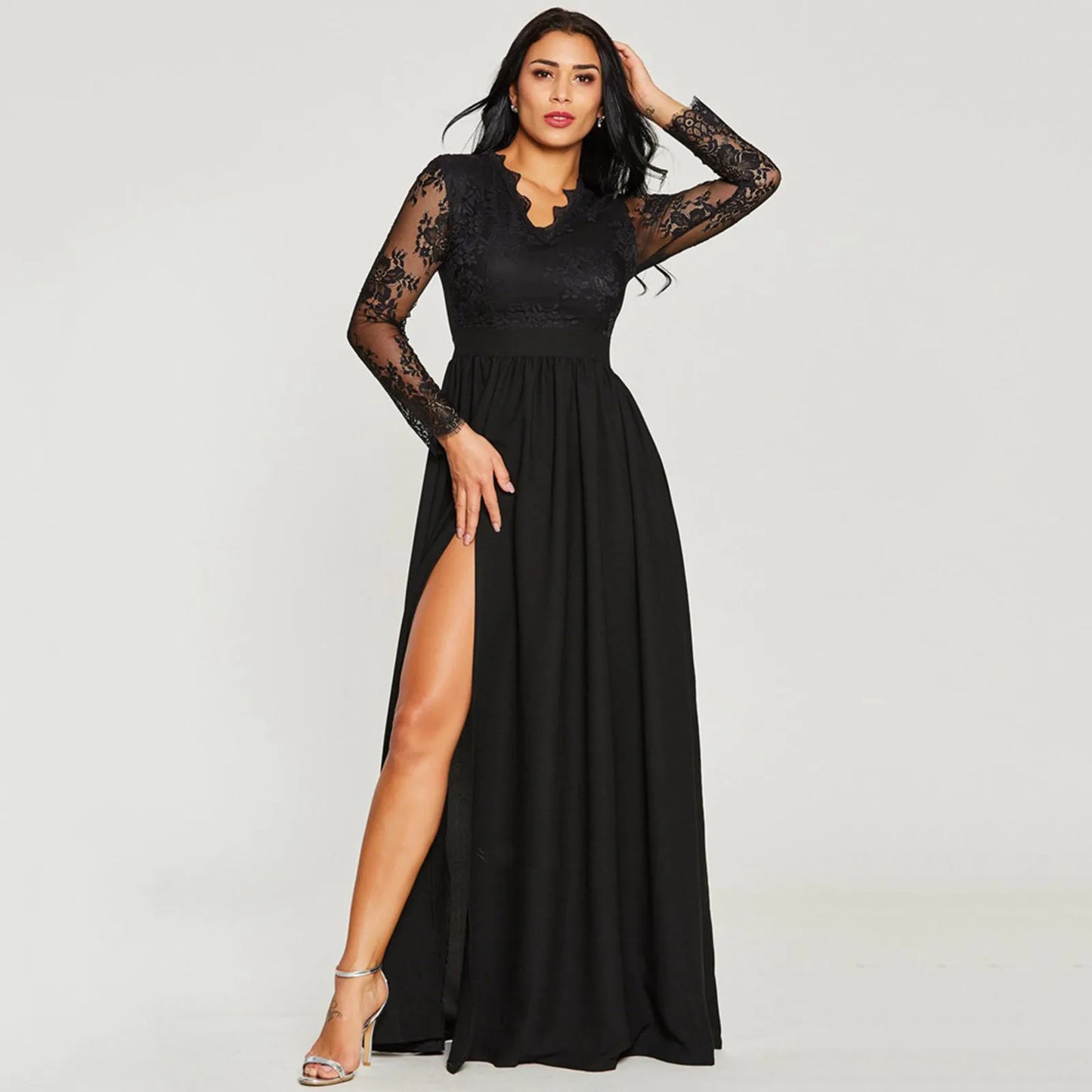 Evening wear Dresses: Women's Fashion Lace Splicing Gowns Dresses V Neck