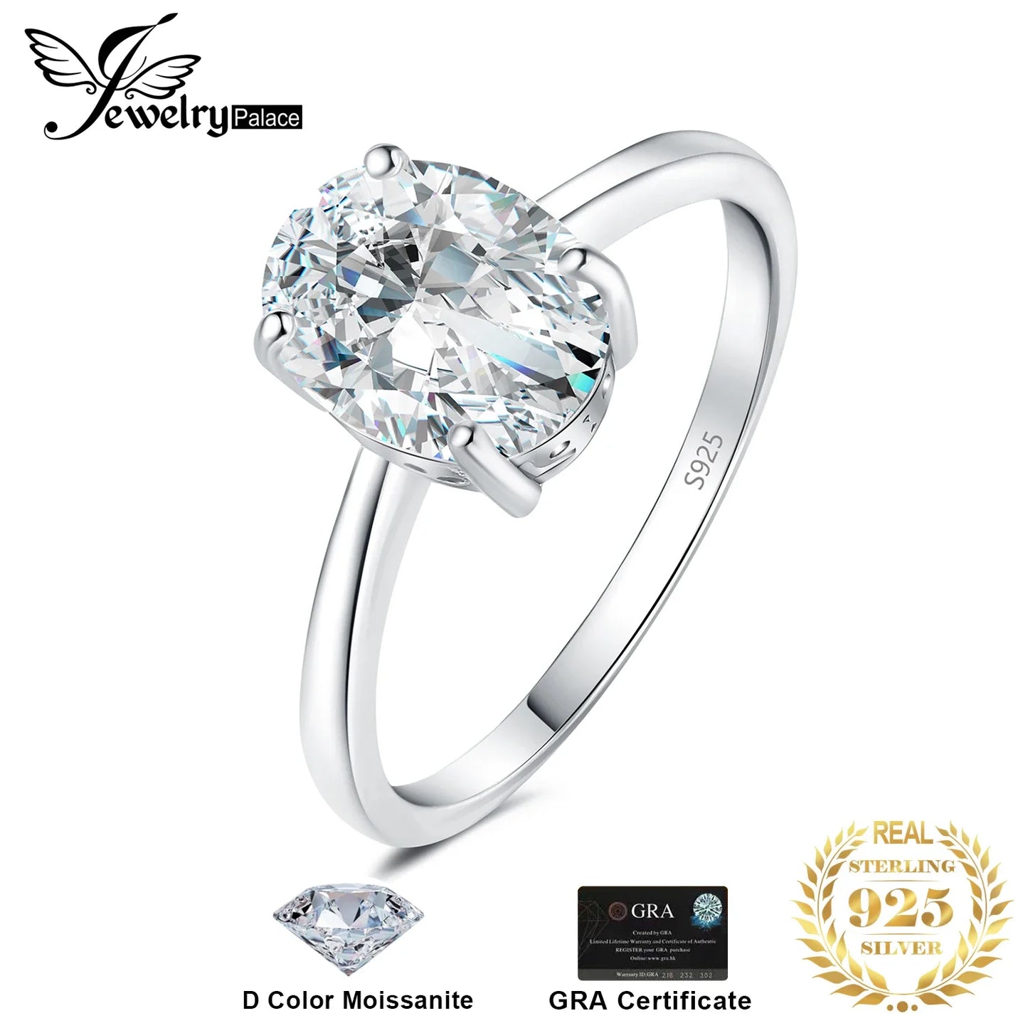 JewelryPalace Moissanite D Color 1ct 2ct Oval S925 Sterling Silver Solitaire Wedding Engagement Ring for Woman