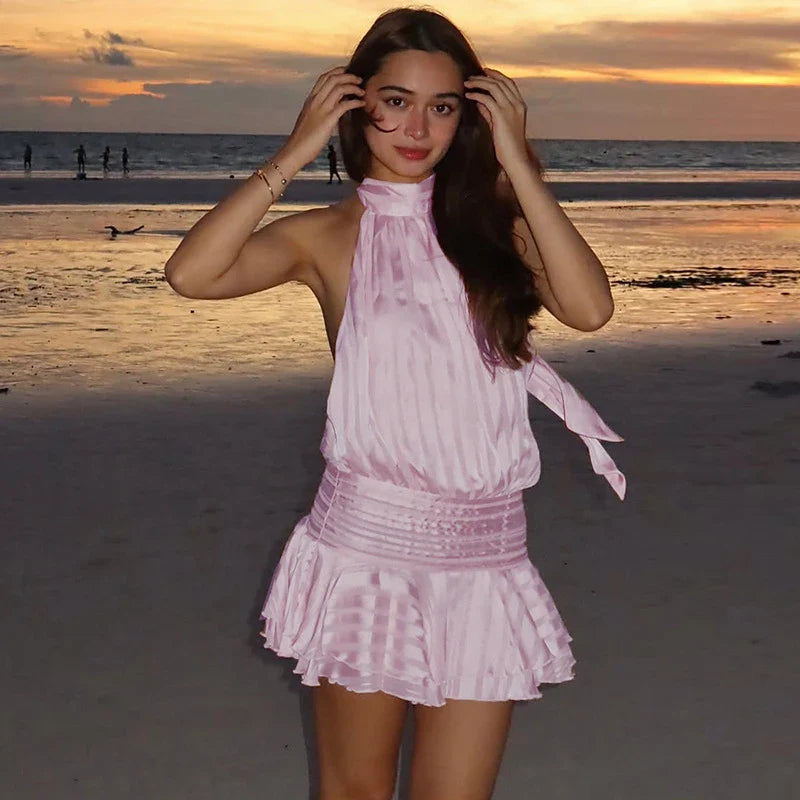 Stunning Shiny Ruffles Lace Up Mini Dress Women's Chic Loose Hollow Out A-line Pleated Vestidos Lady Summer Party Gowns 2025 New