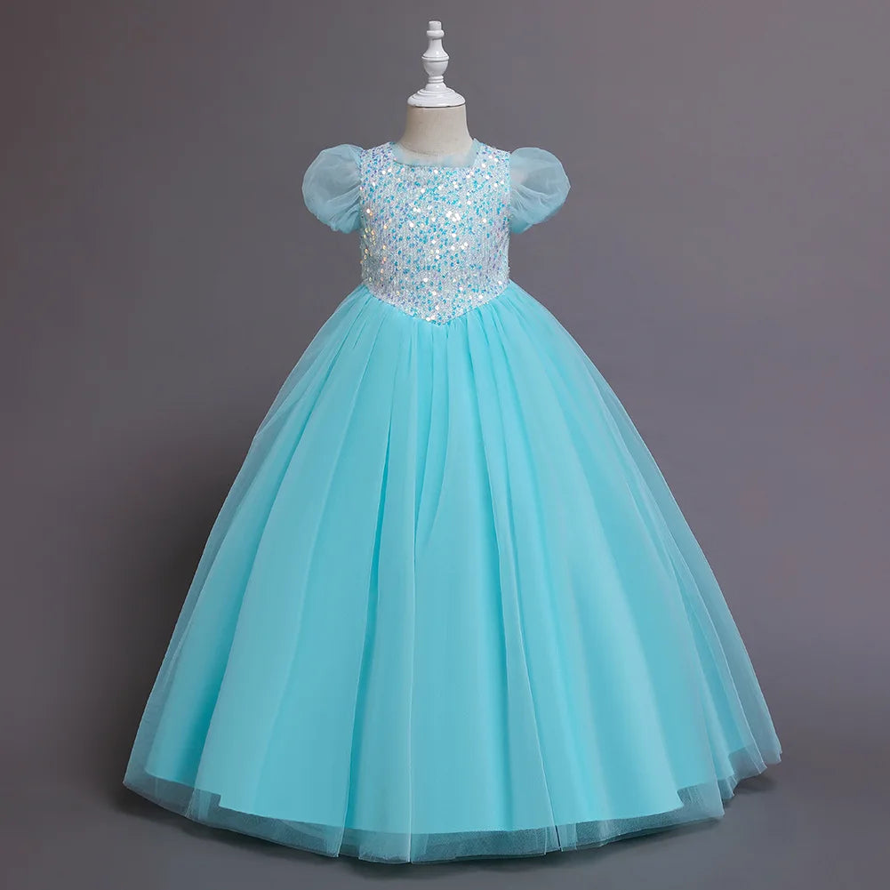 Girls Dress Color Mesh Dress Long Sequin Children's Skirt Girls Piano Host Costumes