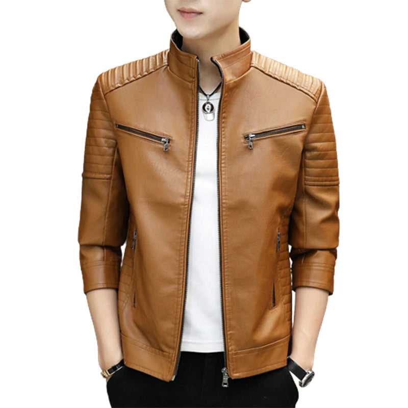 Autumn Winter Stand Collar Loose Casual PU Leather Jacket Male Add Velvet Warm