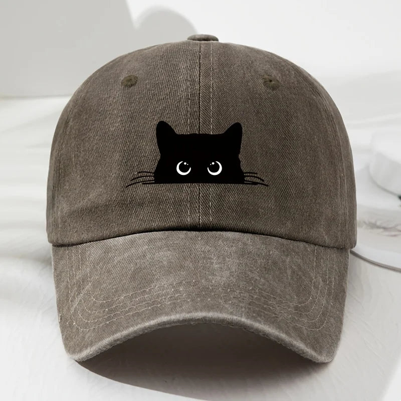 Cute cat print vintage washed baseball cap for men and women, versatile casual curved brim hat