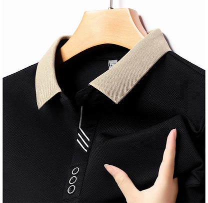 New Men's Long-sleeved Polo Shirt Sweatwear Business Casual Top Fashion Classic Solid Color Male Brand Basic V-neck Top