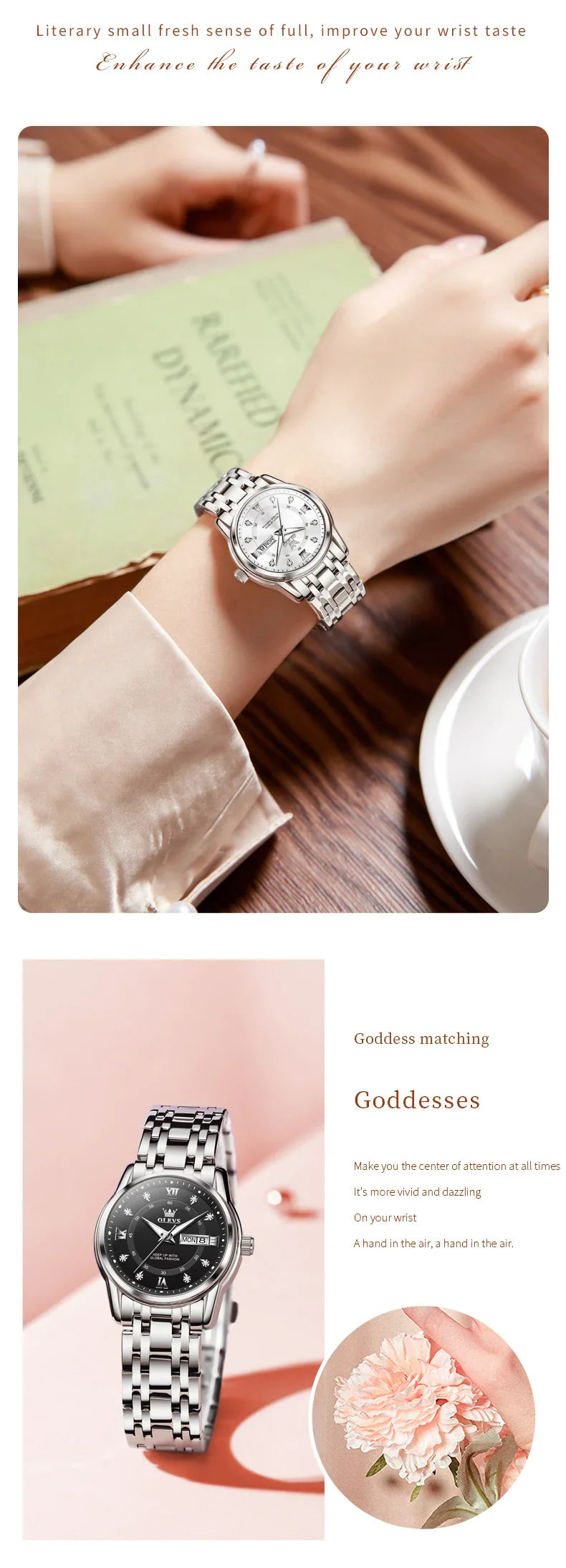 OLEVS 5513 Quartz Watch for Women Diamond Scale Dual Calendar Stainless Steel Strap Waterproof Watch Elegant Ladies Wristwatches