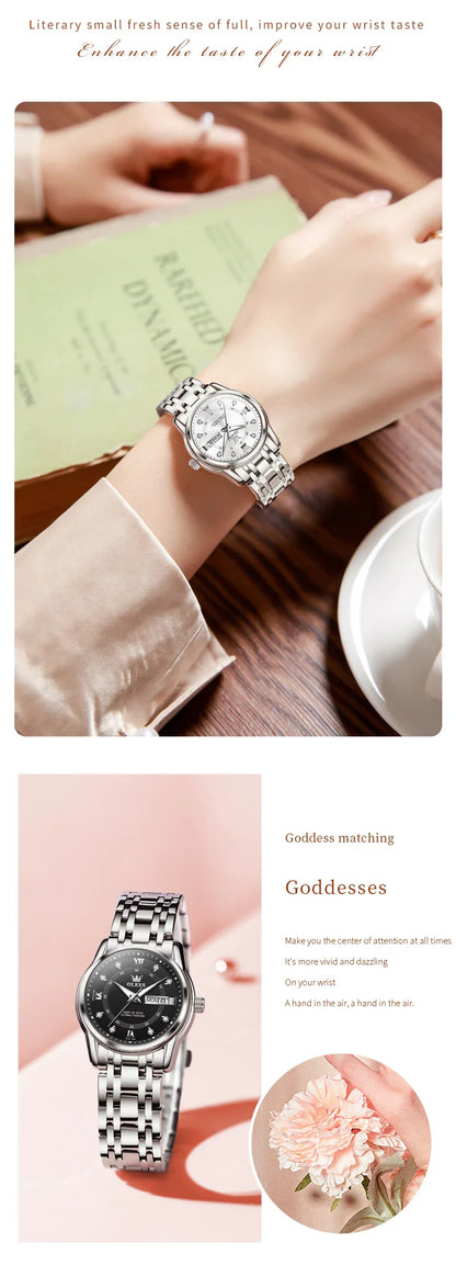 OLEVS 5513 Quartz Watch for Women Diamond Scale Dual Calendar Stainless Steel Strap Waterproof Watch Elegant Ladies Wristwatches