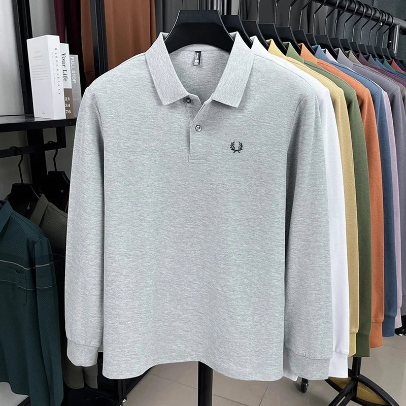 100% pure cotton high-end brand men's long sleeved polo shirt autumn fashion hot selling wheat embroidery golf business T-shirt