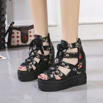 Shoes For Women 2024 New Roman Sandals Ladies High Heeled Lace-Up Muffin Wedges Fishbeak Ladies Back Zipper Soles