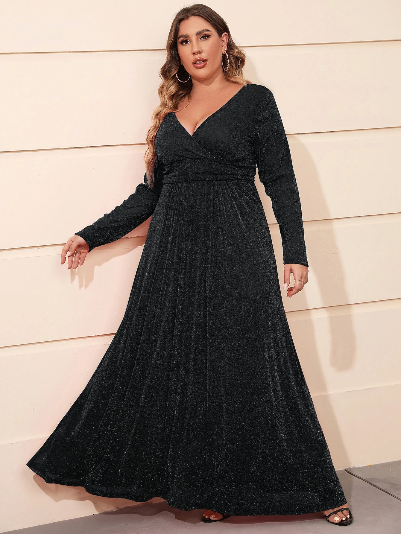 Plus Size New Arrival Long Sleeve V Neck Mesh Evening Party Formal Dresses For Women