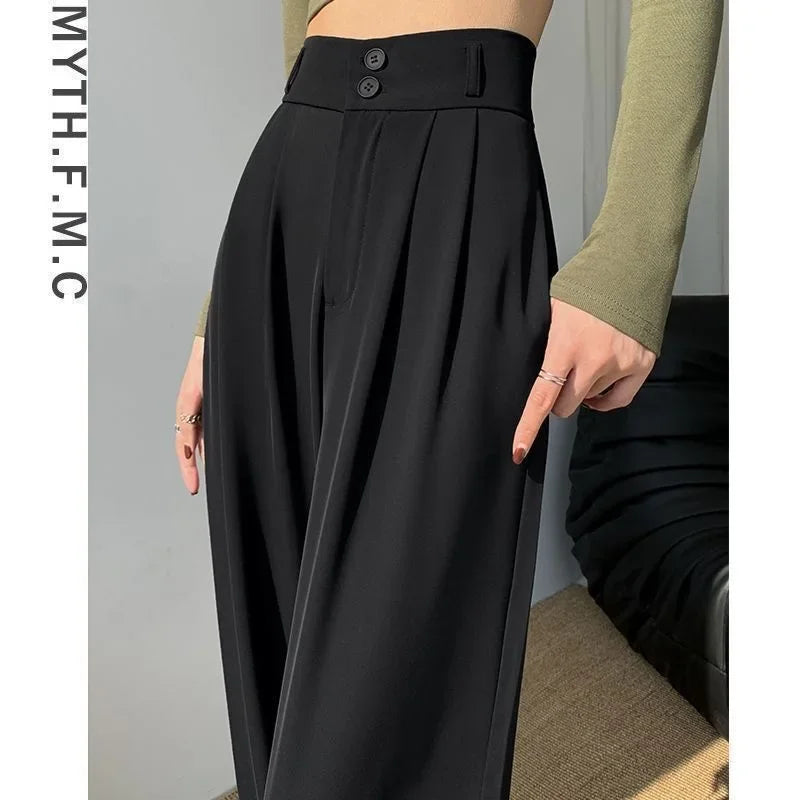 Women’s Wide Leg Pants Women Korean Style High Waist Black Trouser Office Ladies