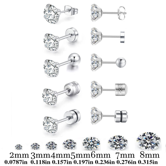 Stainless Steel 5 Style CZ Zircon Silver Color Earrings For Women Men Crystal Screw Titanium Alloy Ear Studs Round Beads Jewelry