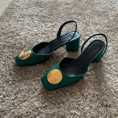 Green High Heels For Women Fashion Squared Toe Leather Slingbacks Pumps