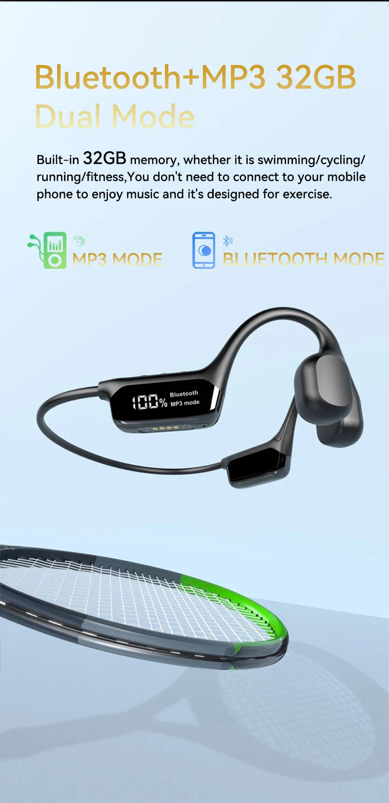 IPX8 Waterproof Swimming Bone Conduction headphone Bluetooth 5.4 Bass Wireless headset MP3 (32G) Player Cycling Fitness Earphone