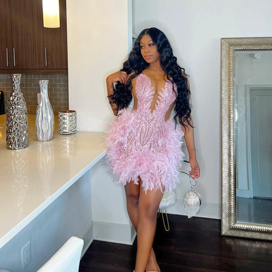 Evening wear Dresses: Women Cocktail Dress Pink Feather Black Girl Short Prom Dresses