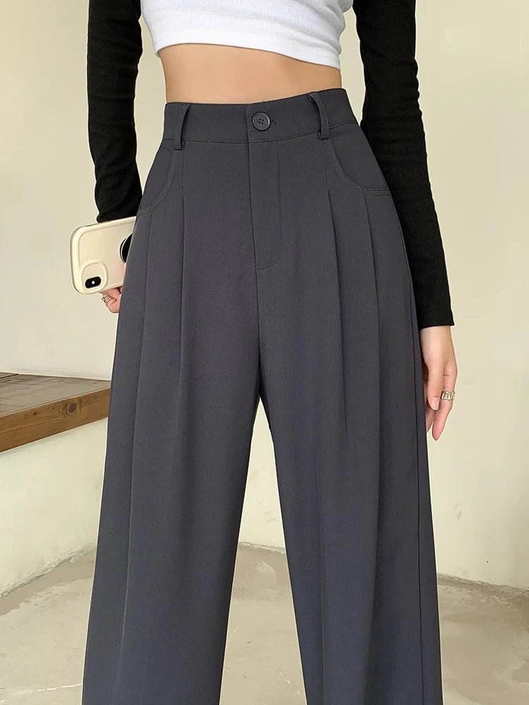 Fashion High Waist Wide Leg Pants Women Spring Fall Baggy Black Trouser Office