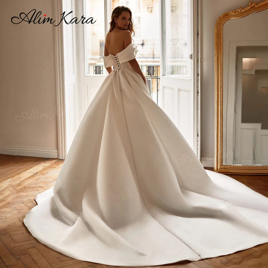 White Bridesmaid Dresses: Wedding Dress Satin Open Back A-Line Court Train