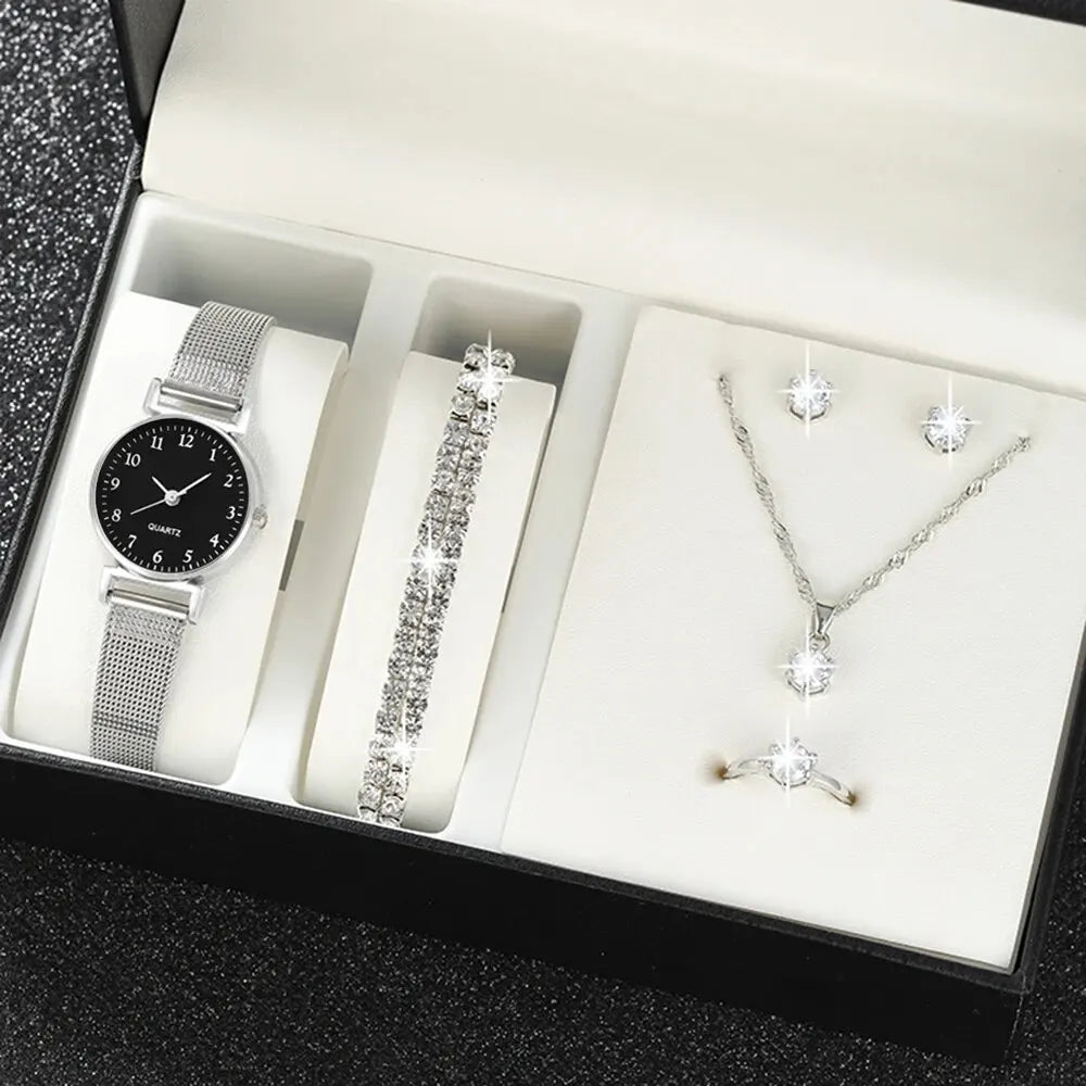 7pcs Women's Watch Fashion Casual Round Pointer Quartz Watch and Necklace Bracelet Ring Earring Set