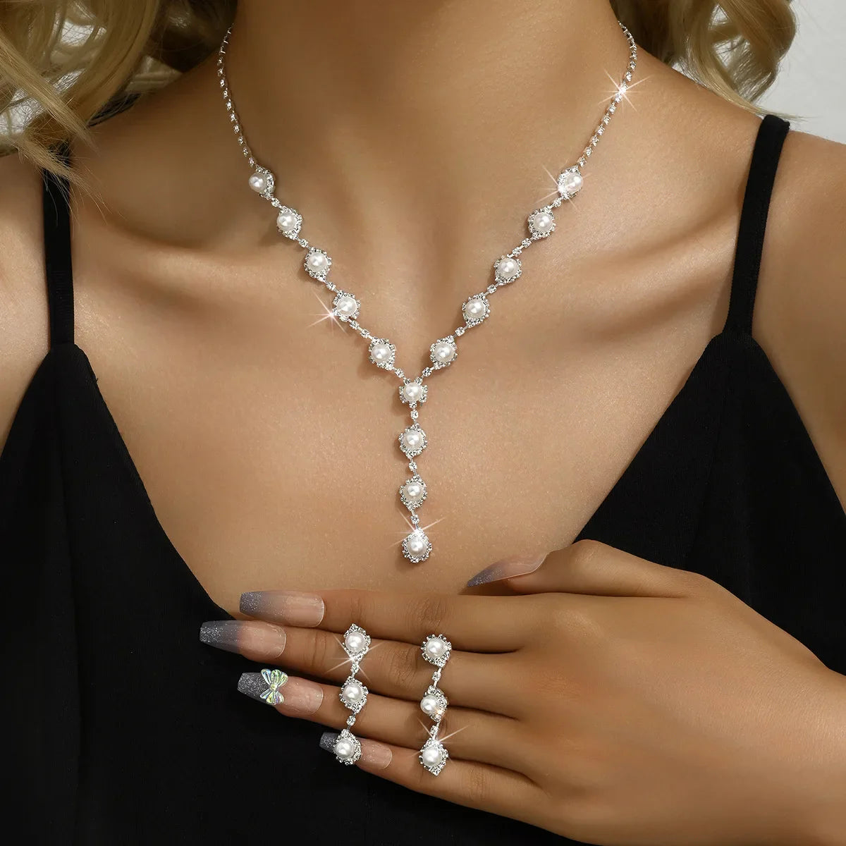 TREAZY Silver Color Pearl Crystal Bridal Jewelry Sets Wave Shape Choker Necklace Earrings Sets for Women Wedding Jewelry Sets