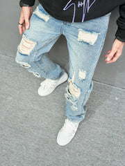 Men Loose Ripped Straight Jeans Pants Male Streetwear Stylish Casual Denim Trousers