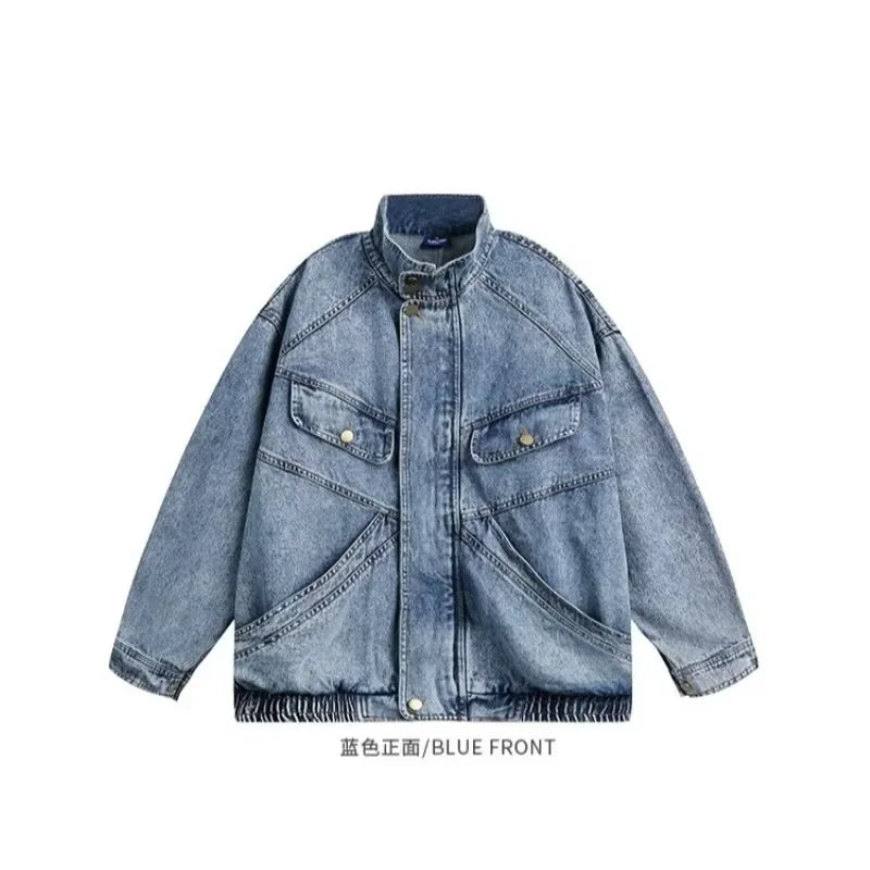 Denim coat men's spring and autumn new loose design sense of standing collar cargo jacket