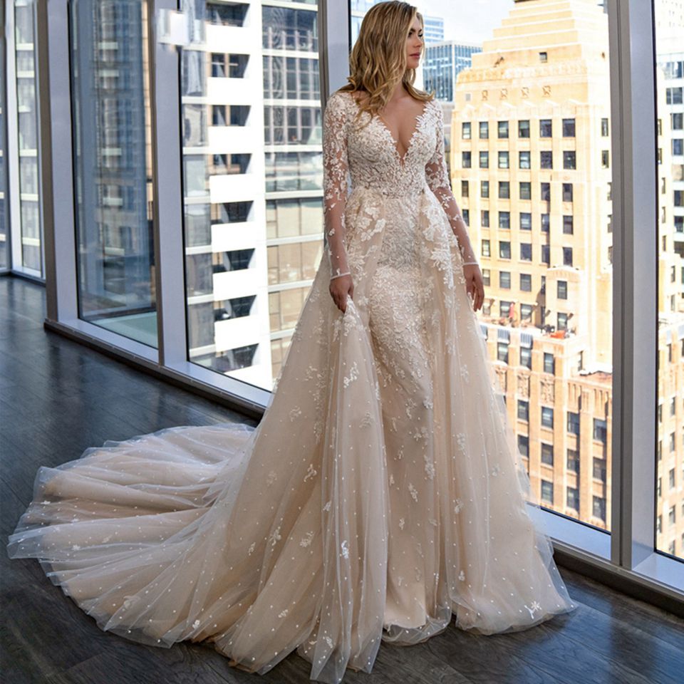 White Bridesmaid Dresses: Wedding Dresses Detachable 2 In 1 Lace Appliques