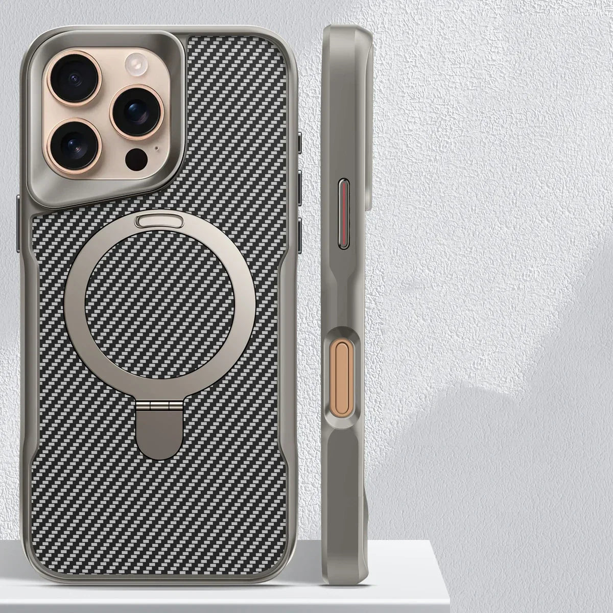 Desert Titanium metal holder carbon fibre magnetic phone case for iPhone 17 16E 15  Pro Max magsafe charging armor hard case