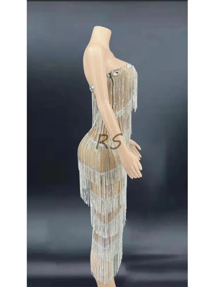 Evening Dresses: Women Silver Fringes Dress Evening Prom Party Birthday