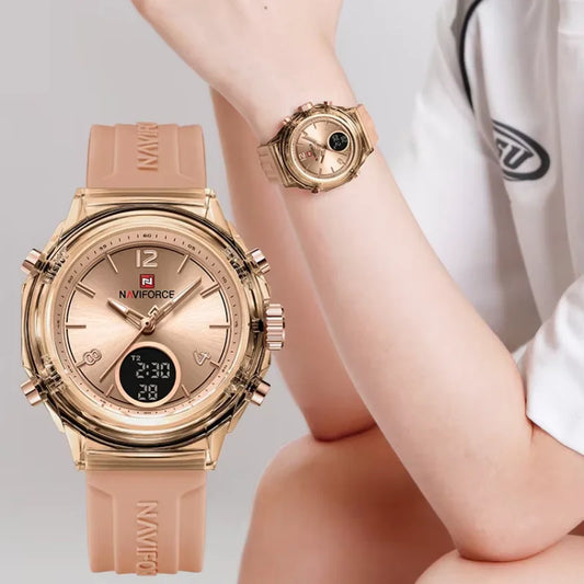NAVIFORCE Luxury Women's Watch Gold Outdoor Sports Waterproof Watches Dual Time Display Quartz Wristwatches Rubber Digital Clock