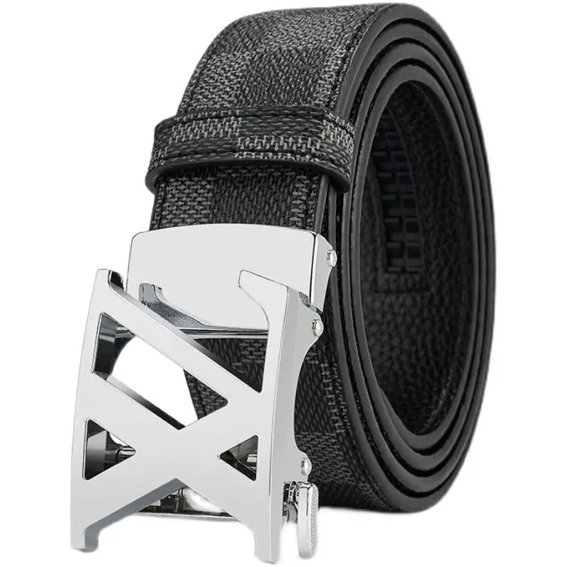 Men's fashion automatic buckle belt with checkered pattern strap, suitable for casual, business, and daily commuting