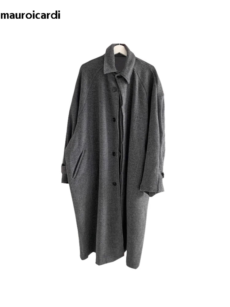 Autumn Winter Long Warm Grey Black Slouchy Woolen Coat