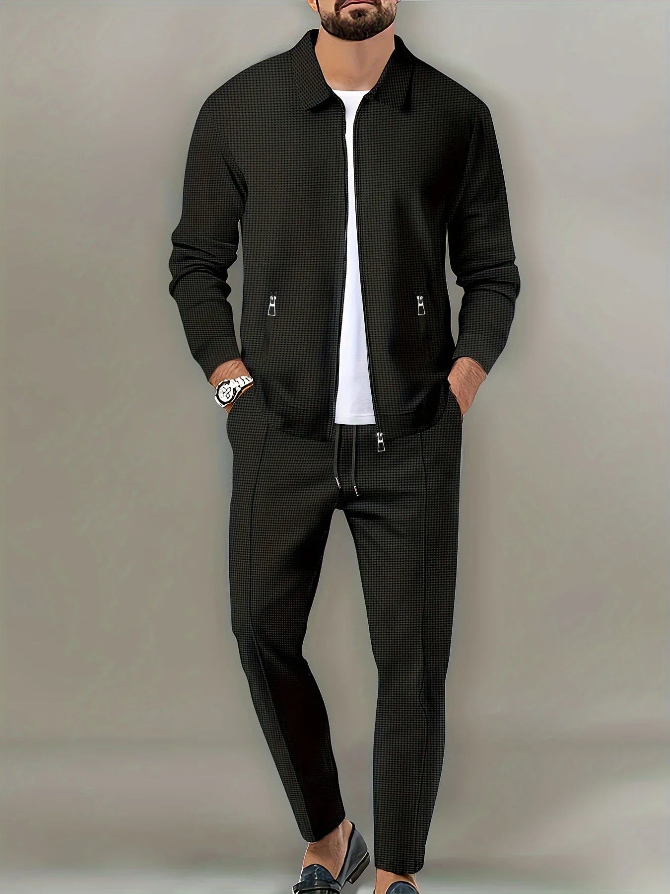 Men's Casual Solid Color Zipper Jacket and Pants Suit - Breathable Polyester Fiber for Spring/Autumn