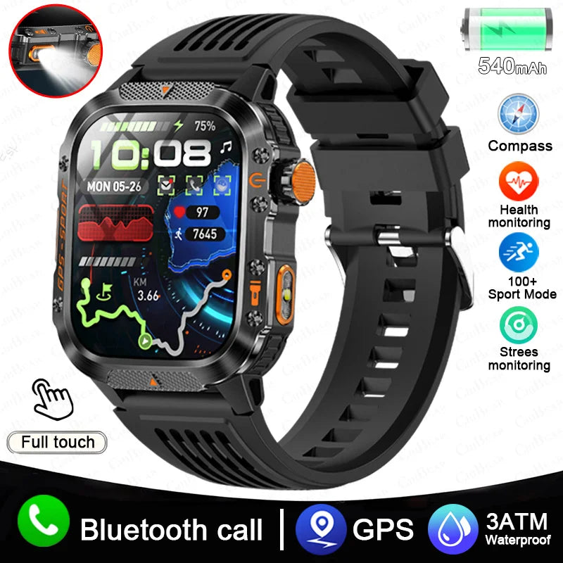 2025 New Military Outdoor Smart Watch Men's GPS Flashlight Bluetooth Call 2.01" AMOLED Screen 3ATM Waterproof Sports Smartwatch