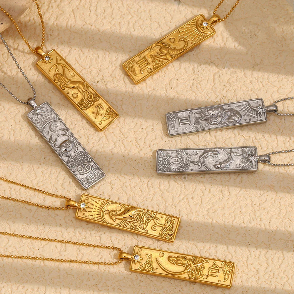 E.B.belle 18k Gold Plated Rectangle Shape 12 Constellation Pendant Necklace Stainless Steel Waterproof Fashion Women's Jewelry