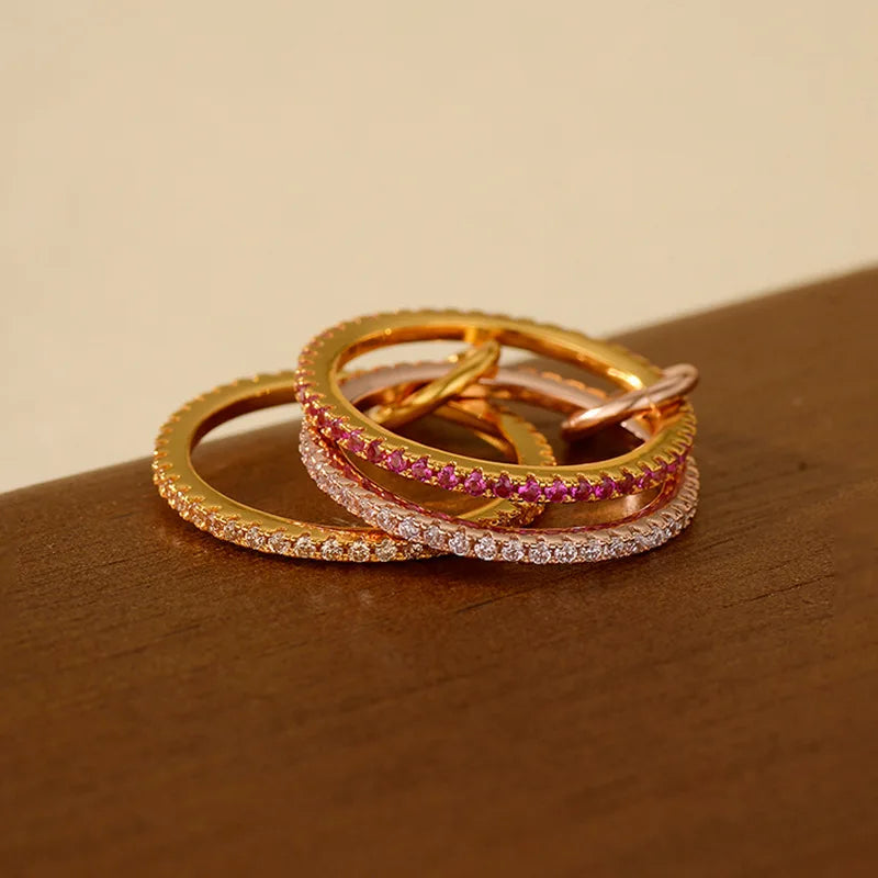 S925 Silver AAA Zircon Colorful  Link Chain Rings Women Jewlery Designer T Show Club Cocktail Party Rare Japan Korean INS