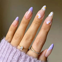 24pcs/Box Ballerina Nail Tip Purple with Design Manicure Patches Fresh Floral Almond