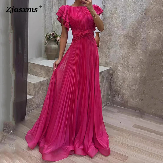 Women Maxi Dress Elegant Lady O Neck Short Ruffled Sleeve A Line Dress Female Simple Solid Nipped Waist Pleated Slim Party Dress