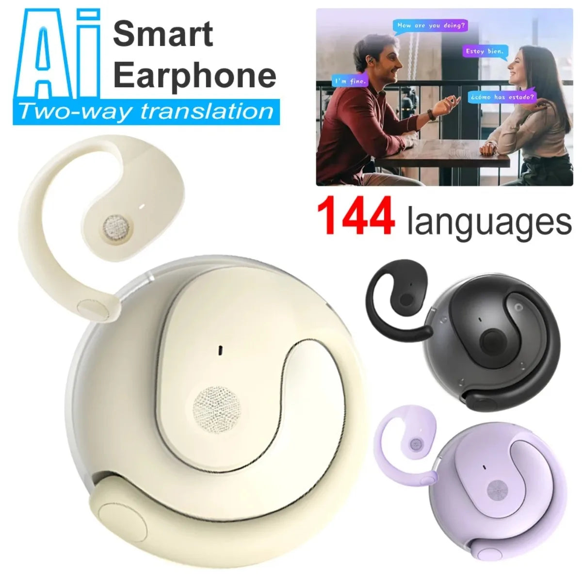 AI Translator Headphones 144 Languages Real Time Two-Way Translation Bluetooth headset for Business Wireless Waterproof Earbuds
