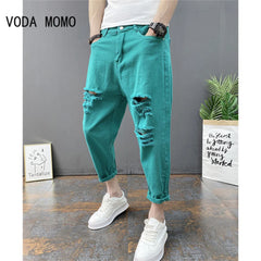 Men's Ripped Hole Jeans White Green Black Ankle Length Youth Fashion