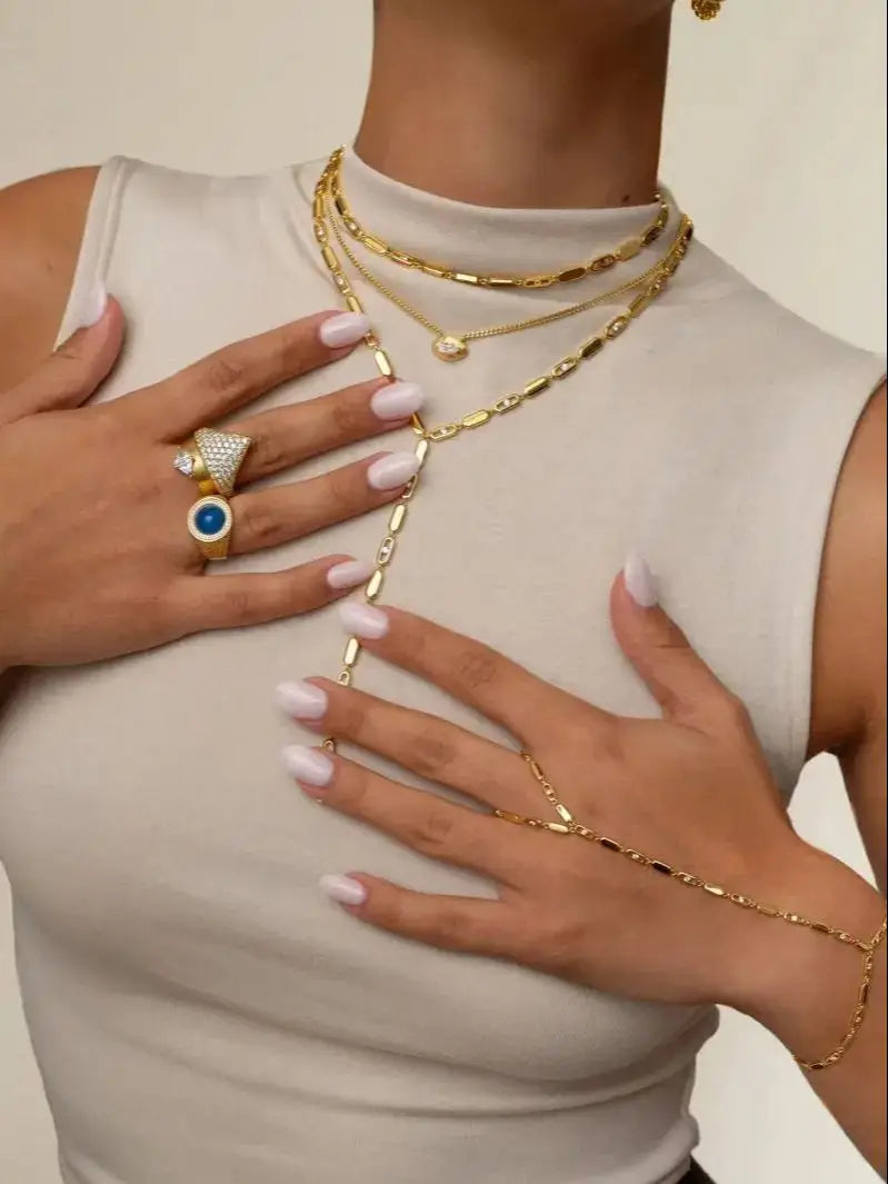 Gold Color Women Fashion Jewelry Set Geometric CZ Rectangle Charm Link Hand Chain Bracelet Choker Y Lariat Necklace