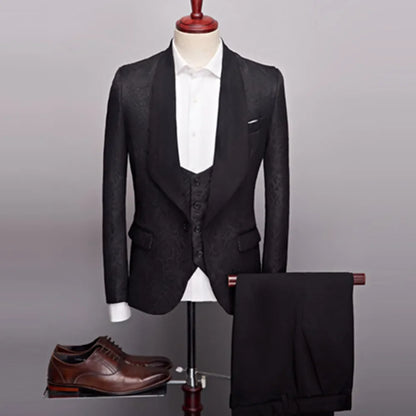 2023 New Men's Casual Boutique Business Big Black Collar Suit / Male Jacquard Dark Pattern Blazers Jacket Pants Vest 3 Pcs Set