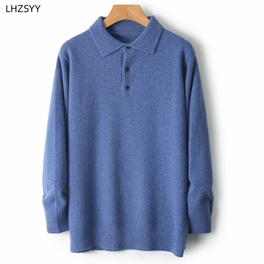 Merino Wool Hot Cardigans Men Lapel Pullover Long Sleeve POLO Neck Sweaters