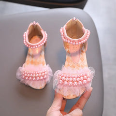 Girls Sandals Summer Fashion Pearl Lace Princess Shoes Flat Heels Kids Beach Sandals