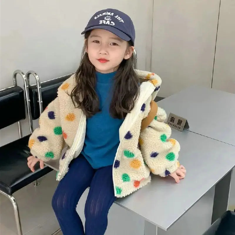 Girls Coat Rainbow Polka Dot Hooded Fleece Thickened Zipper Jacket Autumn Winter Coat