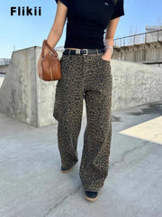 Women's Vintage Casual Leopard Print Pants Female High Street Retro High Waist Jeans