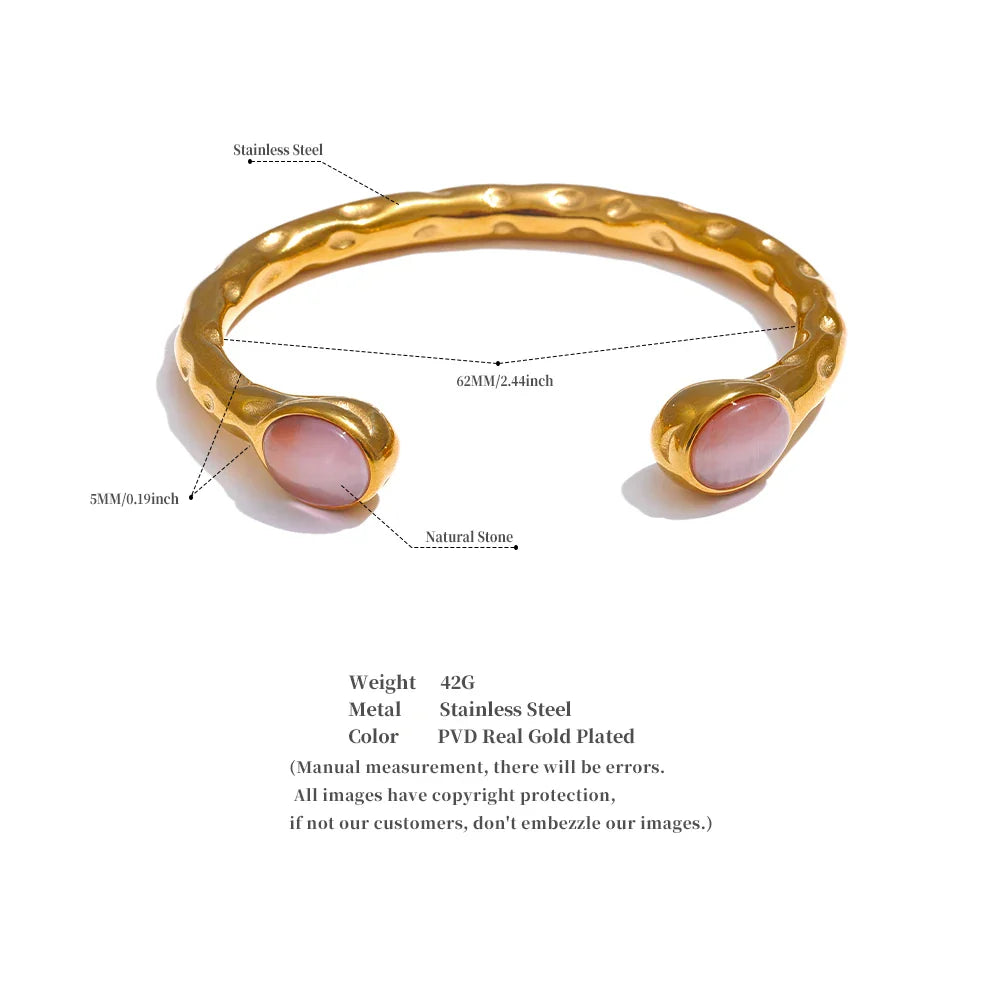 Yhpup 62mm High Quality Stainless Steel Multicolored Natural Stone Golden Cuff Open Bracelet Bangle Water Resistant Jewelry