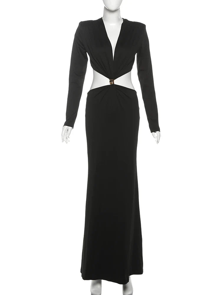kliou Waistless V-neck Women Maxi Dresses Classic Elegant Lapel Full Sleeve V-neck Sheath Vestidos Female High Street Bodycon
