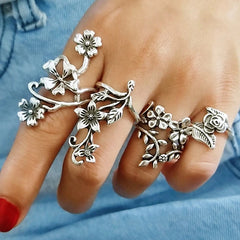 Europe and United States New Popular Women Ring Fashion Personality Ancient Silver Color Mori Vines Leaves Flower Ring 4 Pieces