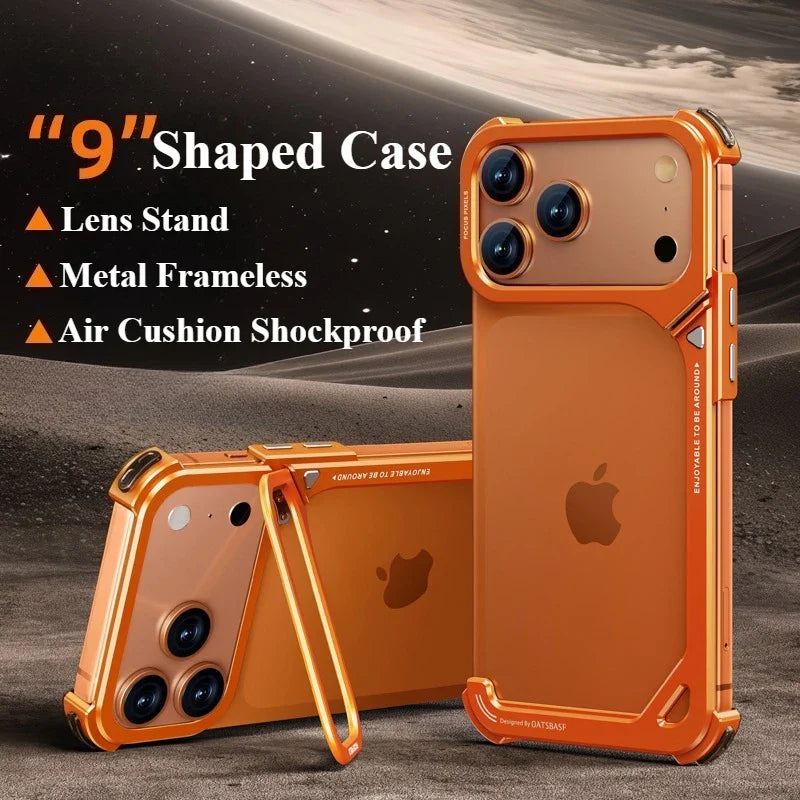 9-Shaped Phone Case for iPhone 17 Pro Max/17 Pro with Hidden Stand Metal Frameless Magsafe Minimalist Shockproof Cover