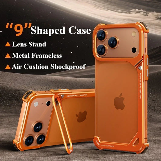 9-Shaped Phone Case for iPhone 17 Pro Max/17 Pro with Hidden Stand Metal Frameless Magsafe Minimalist Shockproof Cover