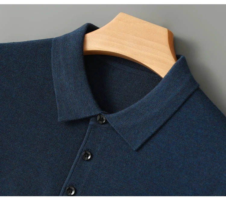 Spring Autumn Men Shirt  Merino Worsted Wool Knitted Pullover Long Sleeve Polo-Collar Clothing Tops Smart Casual Thin Outerwears